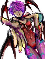 Rule 34 | 1girl, animal print, bare shoulders, bat print, bridal gauntlets, covered navel, demon girl, ekubo (ciaobero), flat chest, hair over one eye, leotard, lilith aensland, looking at viewer, nail polish, outstretched arms, pantyhose, print pantyhose, red eyes, short hair, simple background, solo, thigh gap, vampire (game)