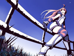 Rule 34 | 1girl, ahoge, android, blush, boots, female focus, gloves, gradient background, headphones, headset, kneehighs, long hair, multicolored clothes, multicolored legwear, nature, outdoors, red eyes, sf-a2 miki, sky, smile, socks, solo, striped clothes, striped gloves, striped socks, torigoe takumi, very long hair, vocaloid, wrist cuffs
