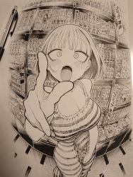 Rule 34 | 1girl, bad id, bad twitter id, book, breasts, cleavage, collarbone, dress, fingernails, hatching (texture), highres, hirune (imomonono), holding, holding book, indoors, looking at viewer, manga (object), open mouth, original, pencil, photo (medium), pointing, pointing at viewer, pov, short hair, slit pupils, solo, striped clothes, striped dress, teeth, tongue, traditional media, upper teeth only