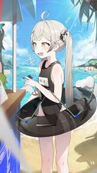 Rule 34 | +++, 1girl, absurdres, antenna hair, beach, bird, black one-piece swimsuit, blush, breasts, cloud, covered navel, day, dot nose, fang, feet out of frame, grey hair, groin, hair bobbles, hair ornament, highres, innertube, lens flare, long hair, one-piece swimsuit, open mouth, original, outdoors, people, sand, school swimsuit, sidelocks, small breasts, star-shaped pupils, star (symbol), sunlight, swim ring, swimsuit, symbol-shaped pupils, tonki, twintails, water, yellow eyes