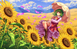 Rule 34 | 1girl, ascot, boots, cherry blossoms, cloud, cloudy sky, cross-laced footwear, day, floating, flower, green hair, kazami yuuka, landscape, long sleeves, plaid, plaid skirt, plaid vest, red hair, scenery, short hair, skirt, sky, smile, solo, sunflower, teiraa, thighs, touhou, umbrella, vest
