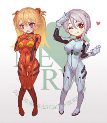 Rule 34 | 10s, 2girls, :o, ;q, ayanami rei, ayanami rei (cosplay), between legs, blonde hair, blush, bodysuit, bracer, breasts, breasts apart, clenched hand, closed mouth, cosplay, cousins, covered collarbone, embarrassed, english text, fang, finger to mouth, full body, gloves, grey background, hair between eyes, hand between legs, hand on own chest, hand up, headgear, heart, interface headset, legs apart, legs together, logo, long hair, looking at viewer, looking down, medium breasts, multiple girls, nakiri alice, nakiri erina, neon genesis evangelion, nerv, one eye closed, open mouth, orange hair, pilot suit, plugsuit, purple eyes, raised eyebrows, red eyes, salute, shiny clothes, shokugeki no souma, short hair, simple background, siyedidi, souryuu asuka langley, souryuu asuka langley (cosplay), spoken heart, standing, swept bangs, thigh gap, tongue, tongue out, turtleneck, two side up, white hair