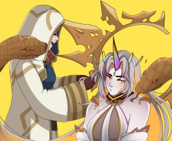 Rule 34 | 2girls, animal, bare shoulders, blonde hair, blue shirt, blush, braiding hair, brown hair, closed eyes, closed mouth, commentary, deebyfeeby, english commentary, fire emblem, fire emblem heroes, grey hair, gullveig (fire emblem), gullveig (seer beyond time) (fire emblem), hairdressing, hands on another&#039;s head, highres, hood, hood up, hooded robe, horns, kiran (female) (fire emblem), kiran (fire emblem), long hair, multicolored hair, multiple girls, nintendo, official alternate costume, open clothes, open robe, pale skin, parted bangs, robe, seidr (fire emblem), shirt, simple background, single horn, smile, snake, snake hair, teeth, two-tone hair, upper teeth only, very long hair, wide sleeves, yellow background, yellow eyes, yuri