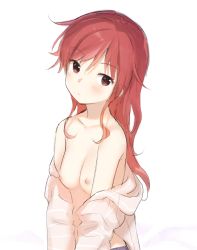 Rule 34 | 1girl, alternate hairstyle, blush, breasts, chigusa asuha, clothes down, collarbone, hair down, nipples, qualidea code, red hair, sekiya asami, simple background, small breasts, solo, topless, white background