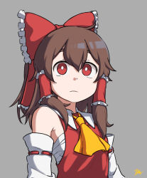 Rule 34 | 1girl, ahoge, bare shoulders, bbyong403, bow, brown hair, chest sarashi, closed mouth, grey background, hair bow, hakurei reimu, highres, long hair, looking at viewer, neckerchief, red bow, red eyes, red shirt, sarashi, shirt, solo, touhou, upper body, white sleeves, yellow neckerchief