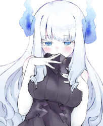 Rule 34 | 1girl, blue eyes, blunt bangs, blush, breasts, elbow gloves, energy horns, gloves, hand on own chest, highres, indie virtual youtuber, large breasts, leaning to the side, lobsteranian, long hair, silver hair, solo, virtual youtuber, white background, white gloves, yukimaru kyuu