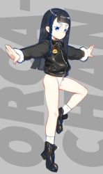 Rule 34 | 1girl, ankle boots, bad id, bad twitter id, black footwear, black hair, black jacket, blunt bangs, boots, braid, closed mouth, copyright request, fur trim, grey background, highres, jacket, long sleeves, looking at viewer, outstretched arms, panties, purple eyes, shamonabe, side braid, single braid, socks, solo, spread arms, standing, standing on one leg, thick eyebrows, tiptoes, underwear, white panties, white socks