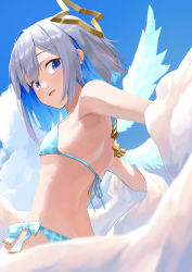 Rule 34 | 1girl, amane kanata, angel wings, bikini, blue bikini, blue eyes, blue hair, blue sky, blue wings, blush, breasts, cloud, colored inner hair, commentary request, cowboy shot, day, eyes visible through hair, halo, halterneck, highres, hololive, looking at viewer, looking back, makimaki makky7, multicolored hair, open mouth, pink hair, plaid, plaid bikini, side-tie bikini bottom, silver hair, sky, small breasts, smile, solo, star halo, streaked hair, swimsuit, virtual youtuber, wings