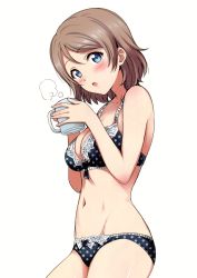 Rule 34 | 1girl, absurdres, blue bra, blue eyes, blue panties, blush, bra, breasts, brown hair, collarbone, cowboy shot, cup, groin, head tilt, highres, holding, holding cup, looking at viewer, love live!, love live! sunshine!!, medium breasts, navel, open mouth, panties, polka dot, polka dot bra, polka dot panties, sankuro (agoitei), scan, short hair, simple background, solo, steam, stomach, underwear, underwear only, watanabe you, white background