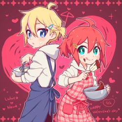 Rule 34 | 10s, 1boy, 1girl, ai ai gasa, alpha omega nova, alternate hairstyle, apron, blonde hair, blue eyes, bowl, character name, chocolate, couple, dated, food, food on face, green eyes, hair ornament, hairclip, happy valentine, heart, luluco, mt.somo, multicolored hair, ponytail, red background, red hair, short hair, simple background, smile, spatula, spoilers, streaked hair, trigger-chan, uchuu patrol luluco, whisk