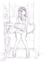 Rule 34 | 1girl, monochrome, original, sandals, self-portrait, sitting, sketch, solo, yoshitomi akihito