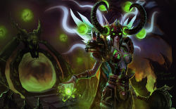 Rule 34 | 1girl, armor, belt, blood elf (warcraft), bracer, breasts, c home, commentary request, energy ball, fur trim, glowing, glowing eyes, green eyes, helmet, highres, holding, holding staff, horns, lipstick, looking at viewer, makeup, md5 mismatch, parted lips, pointy ears, portal (object), red lips, shoulder armor, signature, solo, staff, stairs, standing, warcraft, warlock (warcraft), world of warcraft