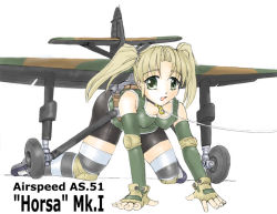 Rule 34 | 1girl, aircraft, airspeed horsa, all fours, bare shoulders, bell, bike shorts, blonde hair, breasts, character name, collar, covered erect nipples, elbow gloves, fingerless gloves, glider, gloves, green eyes, jingle bell, leash, mecha musume, medium breasts, military, nanashi (7th exp), open mouth, original, personification, solo, striped clothes, striped thighhighs, thighhighs, twintails, wheel, world war ii