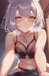 1boy 1girl animal_ears artist_name blush bra braid breasts cat_ears chest_jewel cleavage collarbone core_crystal_(xenoblade) girl_on_top grey_hair highres in_heat leonmandala looking_at_viewer medium_breasts mio_(xenoblade) navel panties parted_lips patreon_username pov short_hair steaming_body underwear xenoblade_chronicles_(series) xenoblade_chronicles_3 yellow_eyes