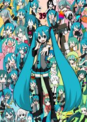 Rule 34 | 1925 (vocaloid), 39, 6+girls, ?, aaaaaaaaaaaaaa (vocaloid), absurdres, ahoge, ai kotoba (vocaloid), aqua eyes, aqua hair, bear, boots, bow, cup ramen, detached sleeves, electric angel (vocaloid), flat chest, flower, green hair, gyuunyuu nome! (vocaloid), hajime no koi ga owaru (vocaloid), hajimete no koi ga owaru toki (vocaloid), hat, hatsune miku, hatsune miku no shoushitsu (vocaloid), headphones, heart, hello planet (vocaloid), high sense nonsense (vocaloid), highres, ievan polkka, ievan polkka (vocaloid), instant soba, kiiro byoutou (vocaloid), koiiro byoutou (vocaloid), lol -lots of laugh- (vocaloid), long hair, marionette (vocaloid), mask, miku miku ni shite ageru (vocaloid), mikunologie (vocaloid), mini hat, mini top hat, miracle paint (vocaloid), multiple girls, multiple persona, musical note, musunde hiraite rasetsu to mukuro (vocaloid), niboshi, nurse, one eye closed, open mouth, outstretched hand, paintbrush, pair&amp;young davah (vocaloid), pillow, plant, pleated skirt, poppippoo (vocaloid), potted plant, robot, romeo to cinderella (vocaloid), saihate (vocaloid), scarf, shiteyan&#039;yo, skirt, smile, songover, spica (vocaloid), spring onion, star (symbol), syringe, tears, thigh boots, thighhighs, top hat, twintails, very long hair, vocaloid, voice (vocaloid), waribashi onna (vocaloid), white hair, world is mine (vocaloid), yakisoba