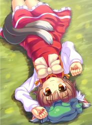 Rule 34 | 1girl, :3, animal ears, arm up, bow, brown hair, cat ears, cat girl, cat tail, chen, female focus, fingernails, hat, long sleeves, looking at viewer, lying, multiple tails, nail polish, on back, on grass, red eyes, short hair, skirt, smile, solo, tail, touhou, upside-down, vest, yagishimeji