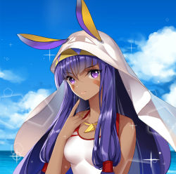 Rule 34 | 1girl, animal ears, bare arms, bare shoulders, blanket, blue sky, blush, breasts, closed mouth, cloud, collarbone, dark-skinned female, dark skin, day, facepaint, fate/grand order, fate (series), gekka nanako, hair tubes, hairband, highres, jewelry, lips, long hair, looking at viewer, medium breasts, necklace, nitocris (fate), nitocris (fate/grand order), nitocris (swimsuit assassin) (fate), nitocris (swimsuit assassin) (second ascension) (fate), one-piece swimsuit, pointing, pointing at self, purple eyes, purple hair, rabbit ears, sidelocks, sky, smile, solo, sparkle, swimsuit, two-tone hairband, underwear, very long hair, white one-piece swimsuit