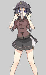 Rule 34 | 1girl, black skirt, contrapposto, covered mouth, grey background, hands up, hat, hat ornament, highres, jiangshi, legs apart, looking at viewer, miyako yoshika, neck ribbon, ofuda, ribbon, shirt, short hair, short sleeves, simple background, skirt, solo, star (symbol), star hat ornament, touhou, user cwdv2523