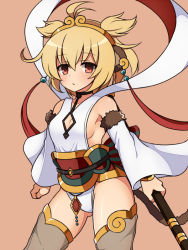 Rule 34 | 10s, 1girl, andira (granblue fantasy), animal ears, bare shoulders, blonde hair, blush, breasts, choker, cleavage cutout, clothing cutout, detached pants, detached sleeves, earrings, erune, fur trim, granblue fantasy, hagoromo, hairband, haniwagi (hal), jewelry, looking at viewer, monkey ears, monkey girl, monkey tail, red eyes, shawl, short hair, sideboob, simple background, small breasts, solo, staff, standing, tail, thighhighs, thighs