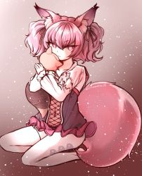 Rule 34 | 1girl, animal ear fluff, animal ears, arknights, black dress, dress, fox ears, fox tail, hair ribbon, highres, holding, holding stuffed toy, looking at viewer, morte (arknights), navel, notched ear, nuu-san, pantyhose, pink eyes, pink hair, ribbon, see-through, seiza, shamare (arknights), simple background, sitting, solo, stuffed toy, tail, twintails, white pantyhose