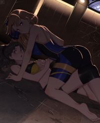 Rule 34 | 2girls, after kiss, all fours, alternate hairstyle, ass, bare arms, bare shoulders, barefoot, bike shorts, black hair, black shorts, blonde hair, blue eyes, blue ribbon, breasts, caught, clothes lift, crack, cracked floor, cracked wall, drill hair, fate/stay night, fate (series), female focus, fumato, girl on top, grabbing, grabbing another&#039;s breast, groping, hair ribbon, highres, indoors, large breasts, long hair, looking at viewer, luviagelita edelfelt, lying, multiple girls, official alternate costume, on back, on floor, one breast out, parted bangs, parted lips, ponytail, red eyes, ribbon, saliva, saliva trail, shorts, skin tight, sports bra, sports bra lift, sweat, tile floor, tiles, tohsaka rin, two-tone sports bra, v-shaped eyebrows, very long hair, yuri