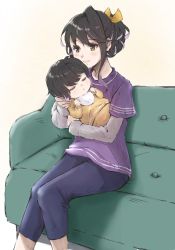 Rule 34 | 1girl, 1other, alternate costume, alternate hairstyle, baby, black hair, blue pants, colored inner hair, commentary request, couch, grey shirt, hair bun, highres, kantai collection, layered shirt, ld (luna dial398), long hair, mother and child, multicolored hair, naganami (kancolle), pants, pink hair, purple shirt, shirt, simple background, two-tone hair, white background