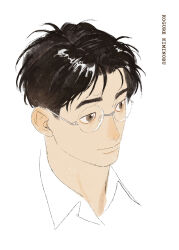 Rule 34 | 1boy, absurdres, black hair, brown eyes, character name, chengongzi123, closed mouth, collared shirt, glasses, highres, kogure kiminobu, looking to the side, male focus, portrait, rimless eyewear, shirt, short hair, simple background, slam dunk (series), very short hair, white background