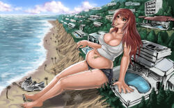 1girl barefoot belly breasts cleavage giant giantess highres kipteitei large_breasts plump vore