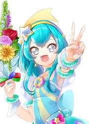 Rule 34 | 1girl, :d, absurdres, armpits, blue hair, bouquet, bracelet, covered navel, cure milky, flower, grey eyes, hagoromo lala, hair ornament, hairband, highres, holding, holding bouquet, jewelry, long hair, looking at viewer, nail polish, open mouth, outstretched arm, pink flower, pink nails, pink rose, precure, red flower, red rose, rose, see-through, shooting star hair ornament, short sleeves, simple background, smile, solo, star (symbol), star hair ornament, star twinkle precure, sunflower, upper body, v, white background, yellow flower, yellow hairband, yuutarou (fukiiincho)