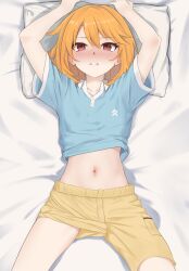 Rule 34 | 1girl, absurdres, arms up, bed sheet, blue shirt, blush, breasts, brown eyes, collarbone, from above, hair between eyes, highres, holding, holding pillow, idolmaster, idolmaster cinderella girls, idolmaster cinderella girls starlight stage, lips, long hair, looking at viewer, lpb, lying, midriff peek, navel, on back, on bed, orange hair, pillow, shirt, short sleeves, shorts, small breasts, solo, yellow shorts, yuuki haru