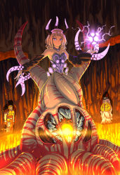 Rule 34 | 1boy, 2girls, armor, baseball cap, breasts, character request, choker, commentary, eldritch abomination, embers, english commentary, fire, glowing horns, glowing mouth, gun, hair over eyes, hands in pockets, hat, highres, horns, long hair, looking at another, looking at viewer, medium breasts, medium hair, monster girl, multiple girls, orb, purple eyes, quake, ranger (quake), shub-niggurath (quake), substance20, teeth, tentacles, very long hair, weapon, white hair