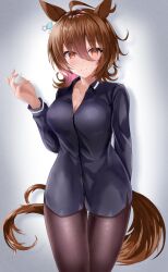 Rule 34 | 1girl, absurdres, agnes tachyon (umamusume), ahoge, alternate costume, animal ears, black pantyhose, black shirt, blush, brown hair, chemical structure, closed mouth, commentary request, cowboy shot, earrings, hair between eyes, highres, horse ears, horse girl, horse tail, jewelry, long sleeves, medium hair, pantyhose, red eyes, shirt, single earring, smile, solo, tail, tsuyusora, umamusume