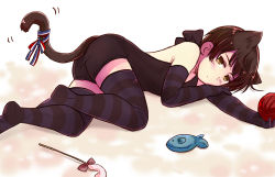 Rule 34 | 1boy, androgynous, animal ears, ass, axis powers hetalia, black thighhighs, blush, brown eyes, brown hair, cat boy, cat ears, cat tail, elbow gloves, fish, gloves, japan (hetalia), kuro (parade), lying, male focus, on side, short hair, solo, striped clothes, striped thighhighs, tail, thighhighs, unitard, yarn, yarn ball