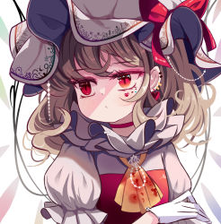 Rule 34 | 1girl, ascot, blonde hair, blush, bow, choker, closed mouth, collared shirt, commentary, crystal, ear piercing, earrings, facial mark, flandre scarlet, gloves, hand up, hat, hat bow, heart, heart earrings, highres, jewelry, looking away, medium hair, mob cap, piercing, portrait, puffy short sleeves, puffy sleeves, red bow, red choker, red eyes, red vest, shirt, short sleeves, slit pupils, sseopik, symbol-only commentary, touhou, vest, white gloves, white headwear, white shirt, wings, yellow ascot
