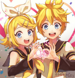 Rule 34 | 1boy, 1girl, anniversary, aqua eyes, bare shoulders, blonde hair, blue eyes, bow, brother and sister, close-up, commentary request, detached sleeves, hair bow, hair ornament, hair ribbon, hairclip, headphones, heart, kagamine len, kagamine rin, looking at viewer, mikmix, mixed-language commentary, necktie, open mouth, ribbon, sailor collar, short hair, short sleeves, siblings, simple background, smile, solo focus, twins, vocaloid, white background