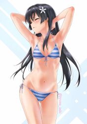 Rule 34 | 1girl, armpits, arms behind head, arms up, bikini, black hair, blue bikini, blush, breasts, closed eyes, closed mouth, collarbone, commentary, commentary request, facing viewer, flower, front-tie top, hair flower, hair ornament, halterneck, isshi pyuma, long hair, medium breasts, navel, saten ruiko, side-tie bikini bottom, solo, standing, stomach, string bikini, striped bikini, striped clothes, swimsuit, toaru kagaku no railgun, toaru majutsu no index, twitter username, two-tone background, white background