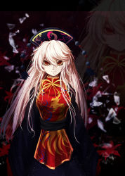Rule 34 | 1girl, black background, black hat, blonde hair, chinese clothes, hair between eyes, hat, junko (touhou), long hair, red eyes, shards, simple background, solo, tabard, touhou, z.o.b