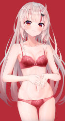 Rule 34 | 1girl, absurdres, blush, bra, breasts, collarbone, commentary request, floral print, hair between eyes, highres, hololive, horns, karashi (asarikarasi), looking at viewer, multicolored hair, nakiri ayame, navel, own hands together, panties, red background, red bra, red eyes, red hair, red panties, simple background, skin-covered horns, small breasts, solo, streaked hair, tearing up, two-tone hair, underwear, underwear only, virtual youtuber, white hair