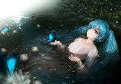 Rule 34 | 1girl, aqua hair, bad id, bad pixiv id, blue eyes, bug, butterfly, dress, fine art parody, flower, glowing, hatsune miku, bug, lotus, ophelia (painting), outdoors, parody, partially submerged, petals, see-through, solo, submerged, suzushiro sayu, swimming, twintails, vocaloid, water, wet, wet clothes