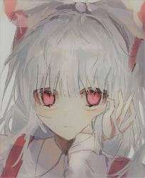 Rule 34 | 1girl, amagi xx, bow, closed mouth, commentary, expressionless, fujiwara no mokou, hair bow, hand on own cheek, hand on own face, highres, long hair, long sleeves, one-hour drawing challenge, portrait, red bow, red eyes, solo, suspenders, touhou, two-tone bow, white bow, white hair