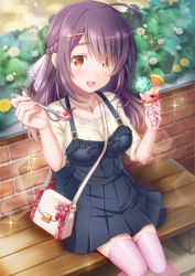Rule 34 | 1girl, ahoge, bag, bag charm, bench, black skirt, blush, braid, breasts, brick wall, brown eyes, bush, charm (object), crown braid, day, flower, food, french braid, hair ornament, handbag, highres, ice cream, ice cream cone, jewelry, large breasts, looking at viewer, medium hair, necklace, original, outdoors, pink thighhighs, purple hair, sitting, skirt, solo, sparkle, spoon, suspender skirt, suspenders, suzumia (daydream), thighhighs, x hair ornament