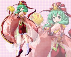 Rule 34 | 1girl, :d, alternate costume, blush, commentary request, detached sleeves, folding fan, from side, green eyes, green hair, hair over shoulder, hand fan, hinamatsuri, hirowa nagi, holding, holding fan, kagiyama hina, long hair, long sleeves, looking at viewer, obi, open mouth, pink background, plaid, plaid background, ribbon-trimmed sleeves, ribbon trim, sash, smile, socks, standing, touhou, white legwear, wide sleeves, zoom layer