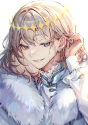 Rule 34 | 1boy, blue eyes, cape, cloak, commentary, crown, diamond hairband, fate/grand order, fate (series), fur-trimmed cloak, fur collar, fur trim, grey hair, highres, long sleeves, looking at viewer, male focus, mebaru, medium hair, no wings, oberon (fate), official alternate costume, smile, solo, upper body, white background, white cape, white fur, white hair