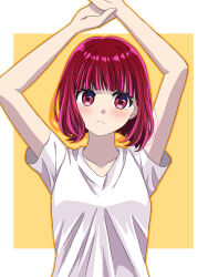 Rule 34 | 1girl, arima kana, arms up, blunt bangs, blush, bob cut, closed mouth, collarbone, commentary request, highres, oshi no ko, red eyes, red hair, shirt, short hair, short sleeves, solo, stretching, tonton (6kbgievnt89kt1f), white shirt