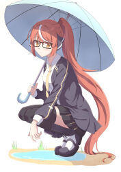Rule 34 | 1girl, black-framed eyewear, black footwear, black jacket, black ribbon, black skirt, black thighhighs, blue umbrella, boots, breasts, brown eyes, brown hair, closed mouth, collared shirt, commentary request, cross-laced footwear, full body, glasses, hair ribbon, highres, holding, holding umbrella, jacket, lace-up boots, long hair, looking at viewer, multicolored hair, necktie, open clothes, open jacket, original, pleated skirt, ponytail, puddle, ribbon, shirt, simple background, skirt, small breasts, smile, solo, squatting, streaked hair, synn032, thighhighs, thighhighs under boots, tiptoes, umbrella, very long hair, water, white background, white hair, white shirt, yellow necktie