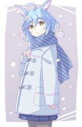Rule 34 | 1girl, :o, ahoge, animal ear fluff, animal ears, black pantyhose, blue hair, blue jacket, blue scarf, blue skirt, blush, brown eyes, diagonal stripes, e20, hair between eyes, hair ornament, hand up, jacket, long sleeves, looking at viewer, outside border, pantyhose, parted lips, pleated skirt, scarf, show by rock!!, skirt, sleeves past wrists, solo, standing, striped clothes, striped scarf, uiui (show by rock!!), unmoving pattern