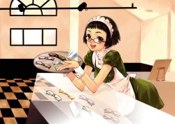 Rule 34 | 1girl, black hair, furudori yayoi, glasses, maid, shop, short hair, solo, tray, window