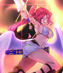 Rule 34 | 1girl, armpits, bakuya, bare shoulders, breasts, center opening, choker, cleavage, crown, glint, hair ornament, high heels, holding, holding sword, holding weapon, jewelry, large breasts, legs, long legs, looking at viewer, midriff, open mouth, original, outstretched arm, ponytail, red hair, revealing clothes, running, scabbard, sheath, shoes, sideboob, skirt, solo, sword, thigh strap, thighs, unsheathed, weapon, wings