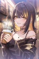 Rule 34 | 1girl, black choker, black hair, black jacket, blonde hair, blush, breasts, choker, collarbone, cup, ear piercing, fingernails, holding, holding cup, idolmaster, idolmaster shiny colors, ikaruga luca, jacket, jacket partially removed, looking at viewer, multicolored hair, nail polish, neme, off-shoulder shirt, off shoulder, outdoors, piercing, shirt, small breasts, smile, solo, steam, streaked hair, tumbler, upper body