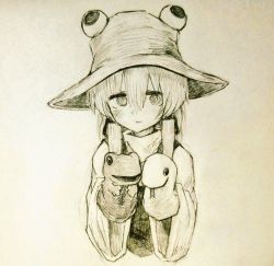 Rule 34 | 1girl, :3, closed mouth, commentary request, eyeball, frog, hair between eyes, hair ribbon, hand puppet, hat, looking at viewer, monochrome, moriya suwako, neritch, puppet, ribbon, scan, sidelocks, sketch, smile, snake, solo, touhou, traditional media, tress ribbon, turtleneck, upper body, vest, wide sleeves